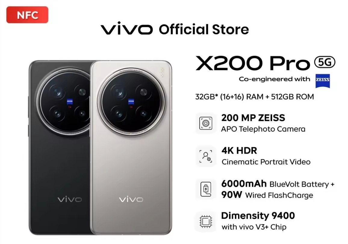 vivo X200 Pro (16+16) RAM + 512GB ROM | 200MP ZEISS | 4K HDR | 6000mAH BlueVolt Battery